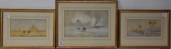 3 Orientalist Watercolors sold together, signed illegibly. Egyptian Landscapes , men on Camels,