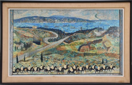 Vintage Oil on board signed illegibly, View of Istanbul Bosporus, 24 x 42 inches. Overall framed