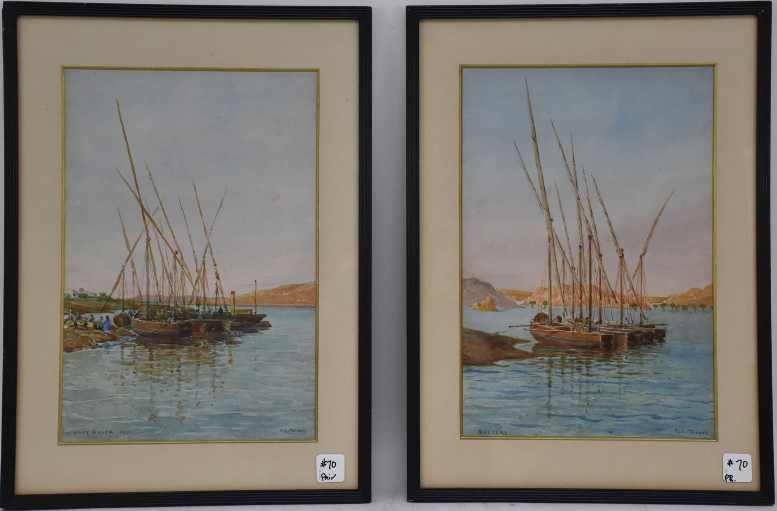 Pair of Watercolors, Fisherman on Nile River, signed Wady Halfa 1907. signt size 13-/12 x 9: Pair of Watercolors, Fisherman on Nile River, signed Wady Halfa 1907. signt size 13-/12 x 9 inches, overall framed size is 18-1/4 x 13-1/4 inches