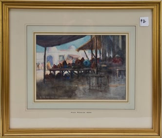 Frank Richards Watercolor, Morocco Market Scene, 7-1/2 x 10 inches sight size. Overall framed size