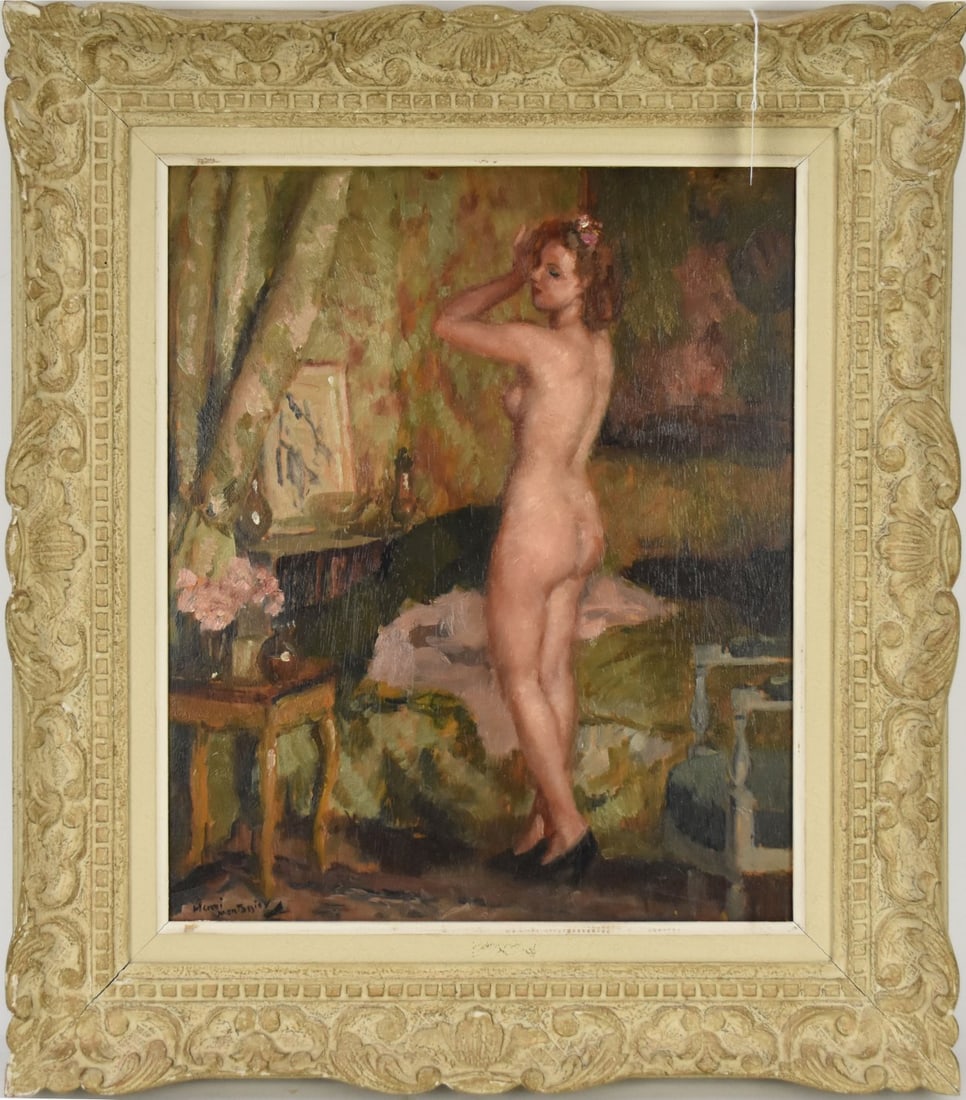 Henri Montassier (France 1880 - 1946) oil on panel, "Nu feminin" Nude with heels in bedroom: Henri Montassier (France 1880 - 1946) oil on panel, "Nu feminin" Nude with heels in bedroom interior, signed lower left “Henri Montassier” H. 18” x W. 15”. Framed in a 3” whi