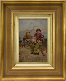 19th Century Italian school, oil on canvas, Painting of girl with water jug, signed illegibly lower
