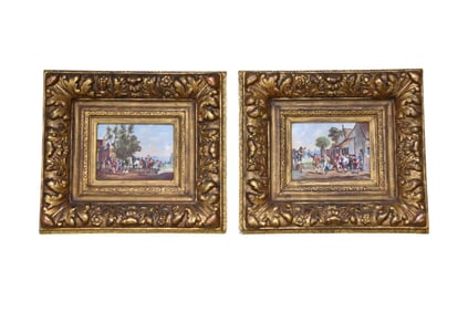 Pair of Continental 19th Century Porcelain plaques, French equestrian scene in a festival with