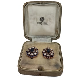 Vintage Imperial Faberge Era Rose Gold Old Diamond Enamel Sapphire Earrings. Rose cut Diamonds