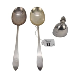 2 Tiffany Sterling Serving Spoons, 1 Monogrammed 9 1/2"L, and George Jensen Denmark Bell, 3/8"h 10