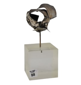 Sterling Abstract Sculpture on Lucite Base, 9 1/2"h x 4"sq