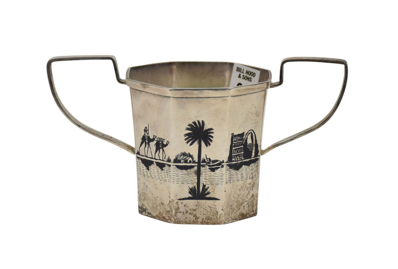 Iraqi Sterling Double Handled Bowl with Niello Design, 4"h x 8"w 12 ozt (1 of 7)