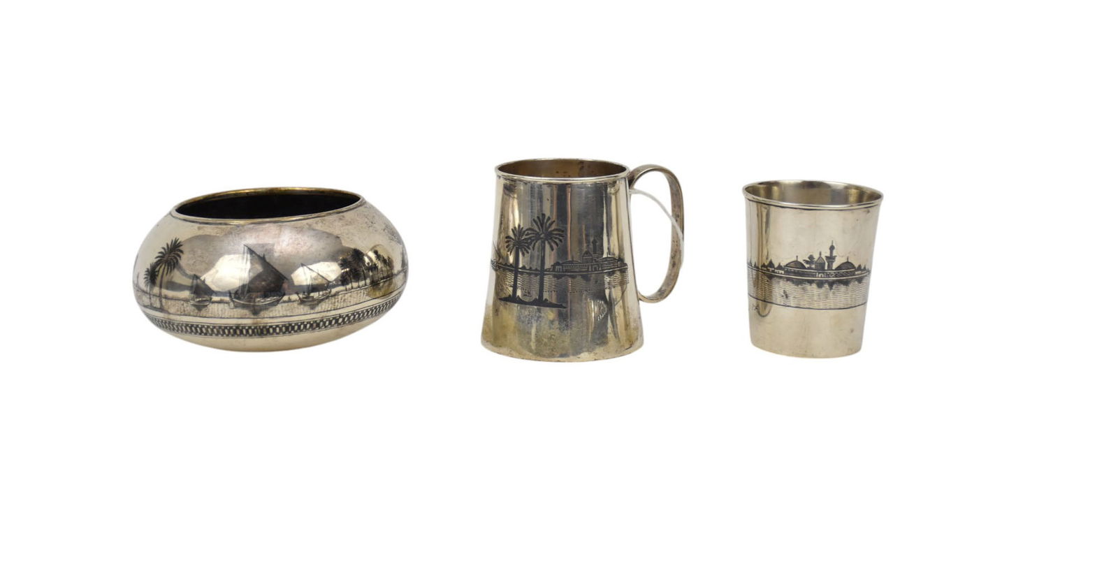 3 Iraqi Sterling Assorted Items with Niello Design Handled Cup, Handless Cup, Bowl with Round Bottom (1 of 8)