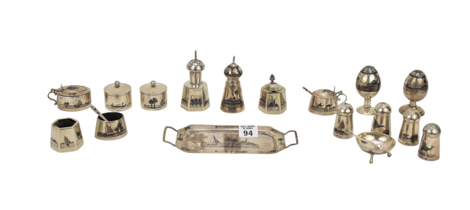 Lot of Iraqi Sterling all with Niello Design, Assorted Salt & Pepper Shakers and Mini Tray and Salt (1 of 9)