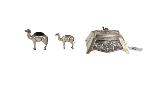 English Sterling Hinged Box, Camel Motif in Relief and 2 English Camel Form Pin Cushion Box, 2"h x 3