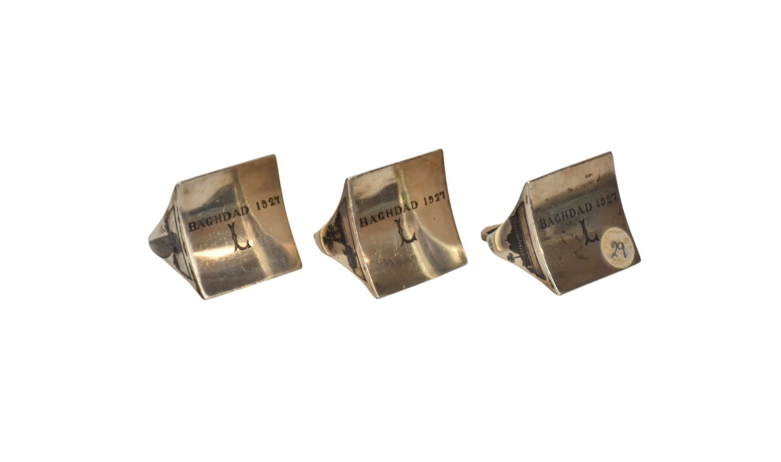 3 Iraqi Sterling Napkin Rings with Niello design Bottom Marked Baghdad 1973 "L" (1 of 7)