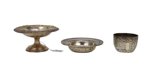 3 Pieces American Sterling Silver, Wedding Cup, Bowl, 1 Pedestal Bonbon Dish,