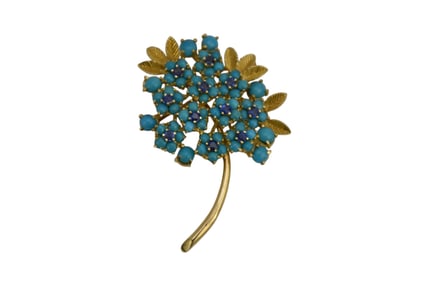 Tiffany 18K Yellow Gold Turquoise & Sapphire Brooch. 2" x 1.5" wt. 12.3 grams
