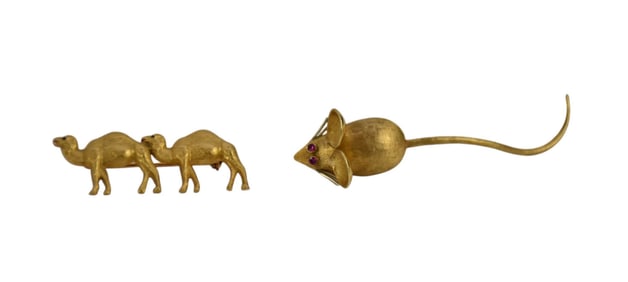2 - 18K Yellow Gold Mouse & Camel. Mouse has ruby eyes 2.75" x .75" and Camel Brooch 1.5" .75" wt.