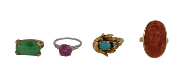 4 - 18K Yellow & Whit Gold Rings. Wt. 22.9 grams size 5 - 7.5 Coral, Turquoise, Jade and pink