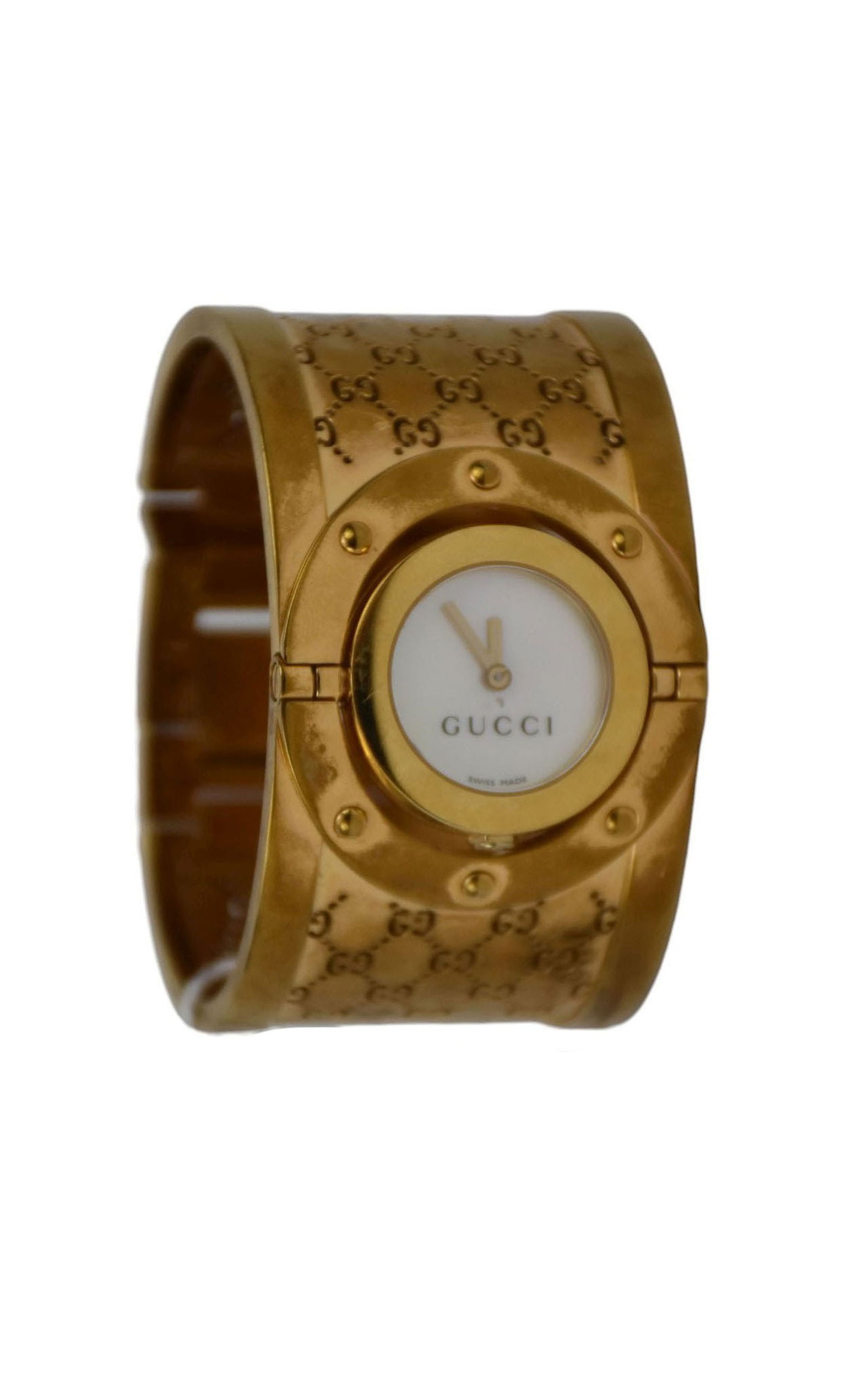 GUCCI Twirl GG Monogram Stainless Steel Swiss Mother of Pearl Dial Quartz Ladies Watch. 6" inner: GUCCI Twirl GG Monogram Stainless Steel Swiss Mother of Pearl Dial Quartz Ladies Watch. 6" inner circumference. Needs battery