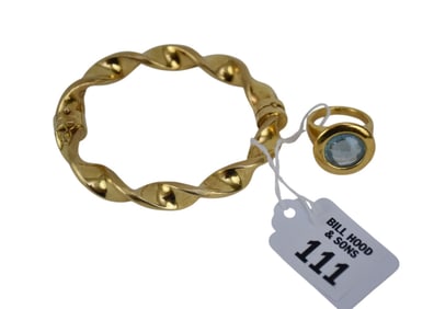 18K Yellow Gold Bracelet & Ring. Ring 9.25 Blue Topaz, Hinged cuff bracelet 7" inner circumference