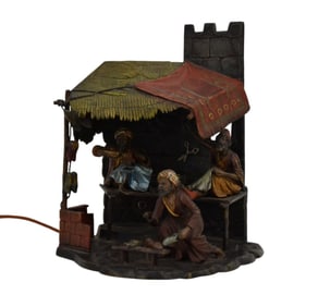 Franz Bergman (Austrian 1861-1936) Cold Painted Antique Bronze Lamp, 3 Cobbler's, 9 1/2"h x 7"w x