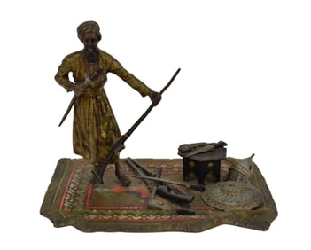 Franz Bergman (Austrian 1861-1936) Cold Painted Antique Bronze, Warrior with Weapons 4 3/4"h x 5