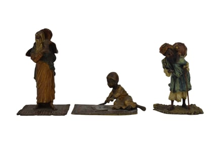 3 Antique Austrian Bronzes Cold Painted, Man with Jug, Impressed T2T, Figure with Face Covering and