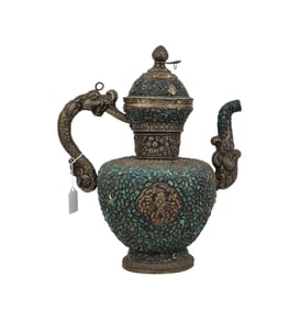 Large Tea Pot Silver Metal with Applied Turquoise Stones, 14"h x 11"w