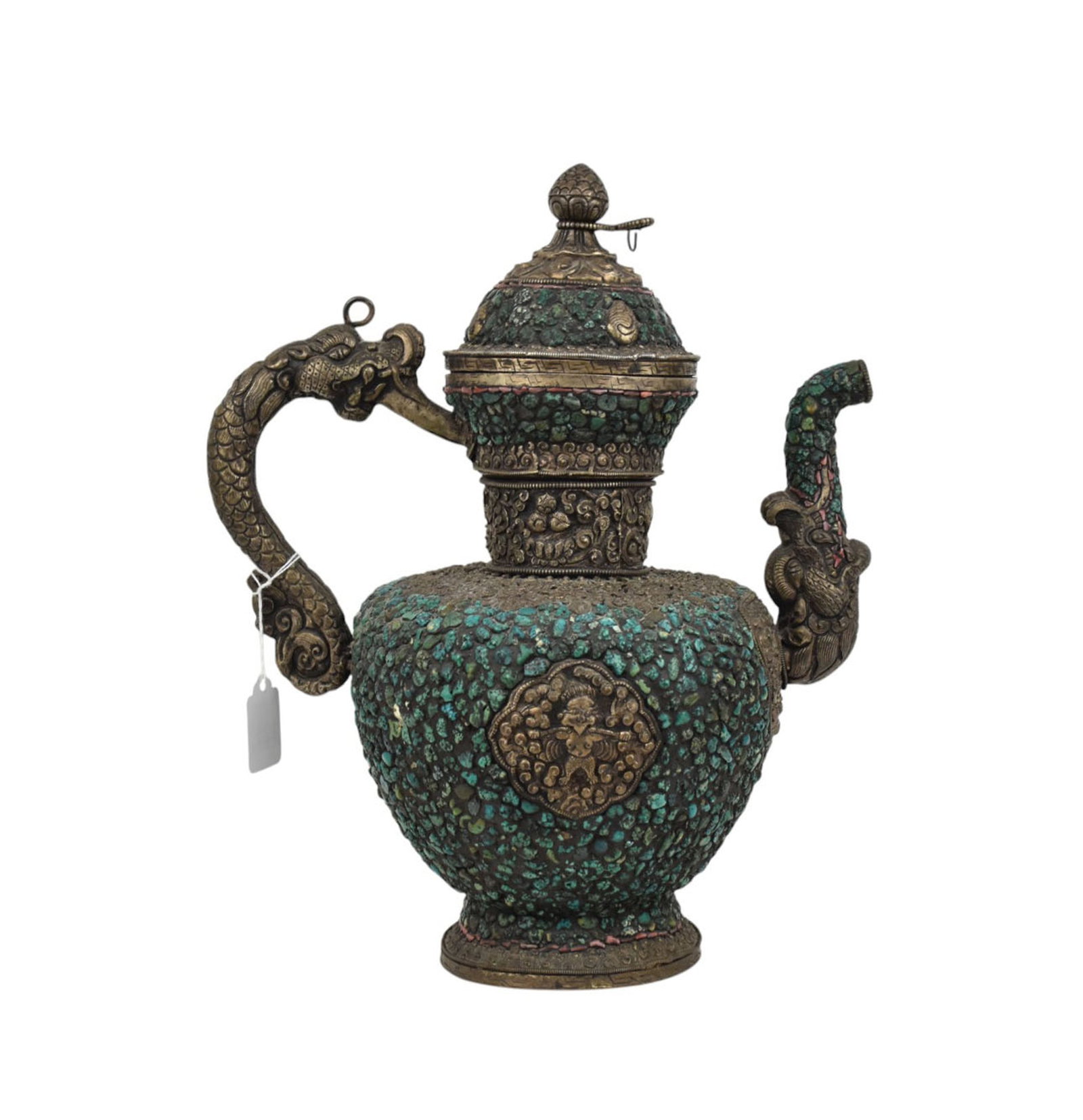 Large Tea Pot Silver Metal with Applied Turquoise Stones, 14"h x 11"w: Large Tea Pot Silver Metal with Applied Turquoise Stones, 14"h x 11"w