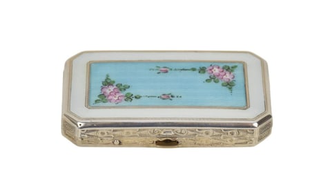 Sterling Compact with Floral Enamel Work, Tiny Dent on Bottom, 3"w