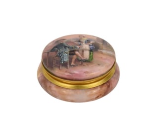 Round Porcelain 19th c. Hand Painted Box, Top & Bottom, 1 1/4"h x 2 1/2"d