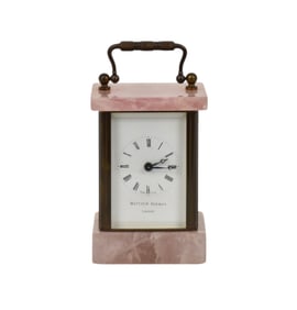 Miniature Rose Quartz Carriage Clock, Matthew Norman London on Porcelain Base,