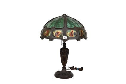 Fine Reproduction Tiffany Lamp Leaded Art Glass Shade on Bronze Base, 26"h
