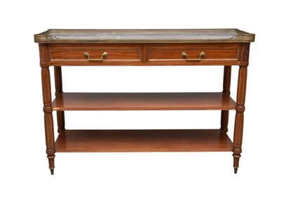 Mahogany Regency Style, Side Board Reticulated Gallery, Marble Top over 2 Side by Side Drawers over