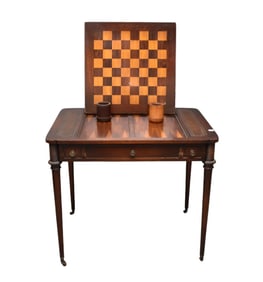 Mahogany Game Table Leather Surface over Drawers, Incomplete Game Parts and Button Release for Top