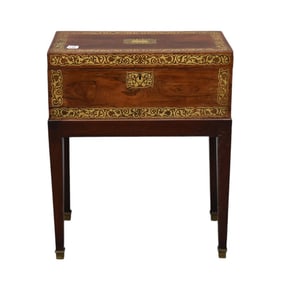 Diminutive Travelling Desk with Brass Inlay Hinged Top Revealing Writing Leather Tooling Surface