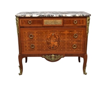 French 3 Drawer Marble Top Chest with Marquetry on Drawer Fronts and Brass Plaque of Children