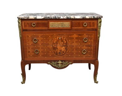 French 3 Drawer Marble Top Chest with Marquetry on Drawer Fronts and Brass Plaque of Children: French 3 Drawer Marble Top Chest with Marquetry on Drawer Fronts and Brass Plaque of Children Playing in Relief, Gilded Bronze Mounts. 34"h x 39"w x 19"d ***If this item is not picked up by the Friday