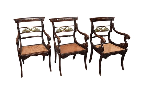 3 Arm Chairs, 19th C. English Regency Boulle Design, 2 need Re-caning, 1 is