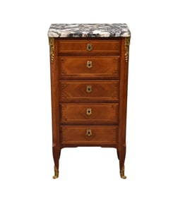 Diminutive 5 Drawer French Marble Top Chest with Parquetry Design Circa
