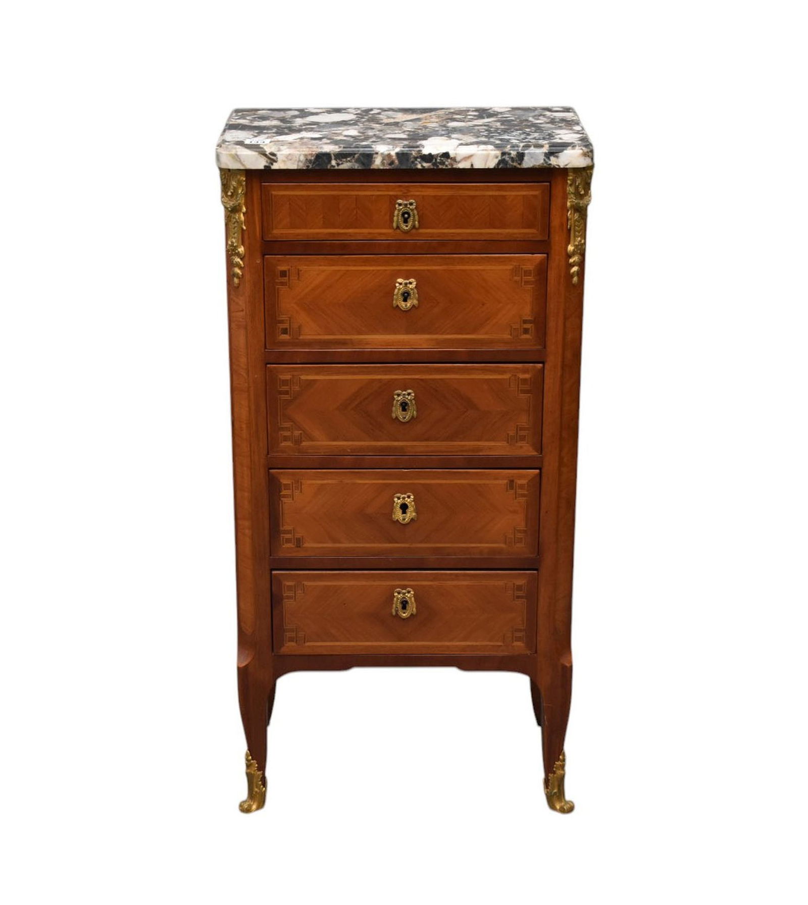 Diminutive 5 Drawer French Marble Top Chest with Parquetry Design Circa (1 of 5)