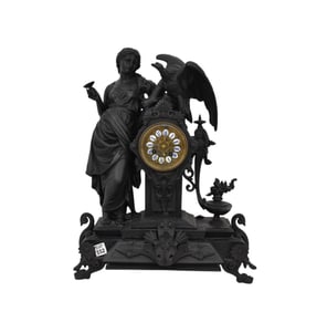 Spelter Painted Black Antique Figural Clock, Grecian Garbed Female with Eagle, 21"h x 15"w