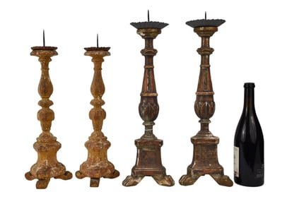 2 Pairs Italian Prickets, 18th c, 16"h & 18"H (worn)