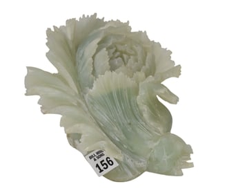 Carved Chinese Light Green Jade Style Leafy Floral Sculpture 4"h x 8"w (some repair)