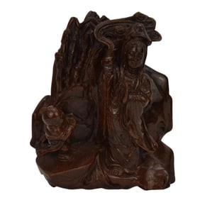 Goldstone Carved Chinese Buddha in Landscape, 6"h x 5"w