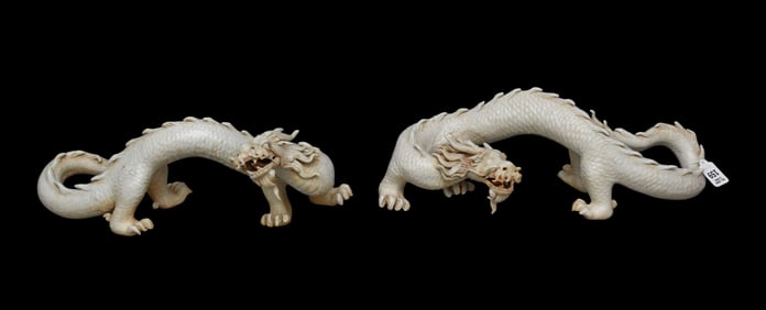 Pair Terracotta White Glazed Slithering Dragons, 18"L