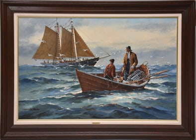 Eldred Clark Johnson (American born 1926) oil on canvas, Fisherman in a row boat, canvas size 27 x