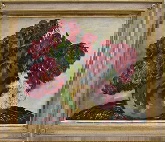 Hayley Lever (American 1876 - 1958) oil on canvas relined , Still Life- Flowers in a vase, 20x