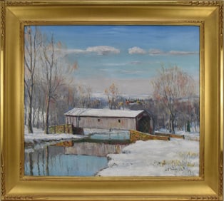 Walter E. Baum (1884-1956, Pennsylvania) oil on canvas, Winter Landscape- "covered bridge" 25 x 30