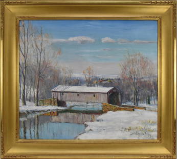 Walter E. Baum (1884-1956, Pennsylvania) oil on canvas, Winter Landscape- "covered bridge" 25 x 30: Walter E. Baum (1884-1956, Pennsylvania) oil on canvas, Winter Landscape- "covered bridge" 25 x 30 inches, overall frame size 33 x 38 inches