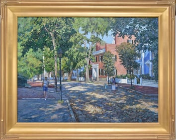 T.M. Nicholas (American b. 1963) Rockport School of Art. Large oil on canvas Nantucket Street scene