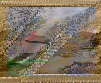 Robert Emmett Owen (American 1878 - 1957) Oil on canvas, Covered Bridge Fall Scene- Rumney Bridge