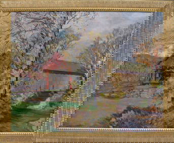 Robert Emmett Owen (American 1878 - 1957) Oil on canvas, Covered Bridge Fall Scene- Rumney Bridge (1 of 9)